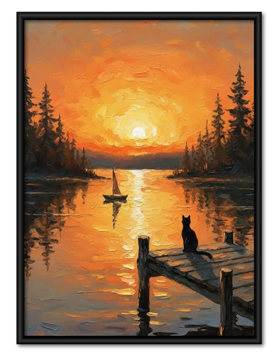 Cat Watching Lake Sunset Wall Art 1