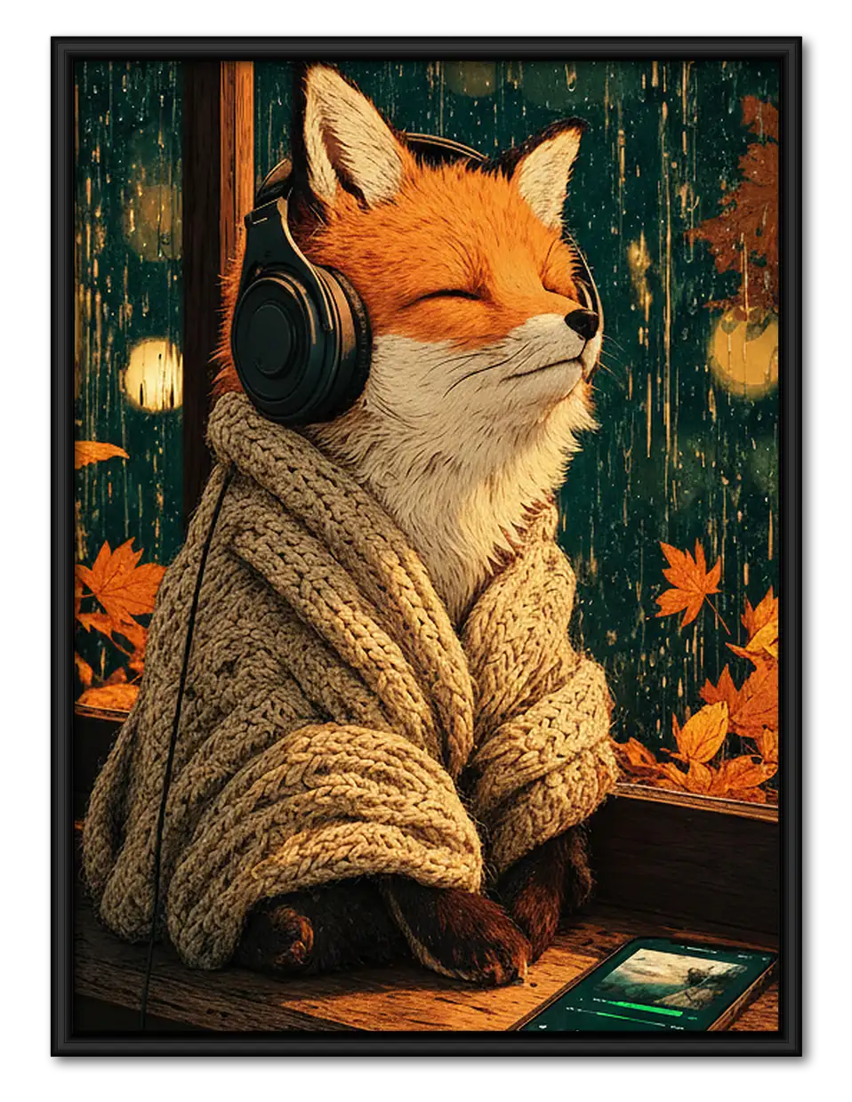 Cat Wearing Cozy Sweater and Headphones Wall Art 1