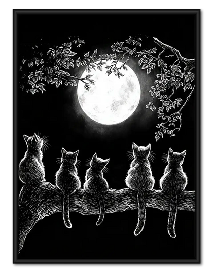 Cats beneath Full Moon Line Art