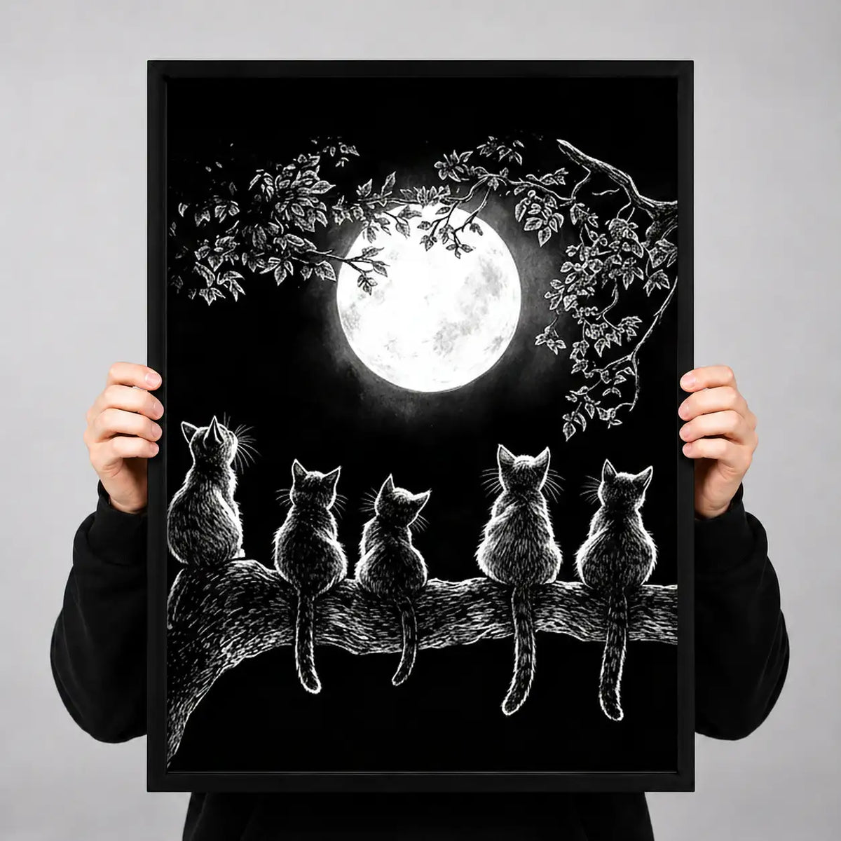 Cats beneath Full Moon Line Art 3