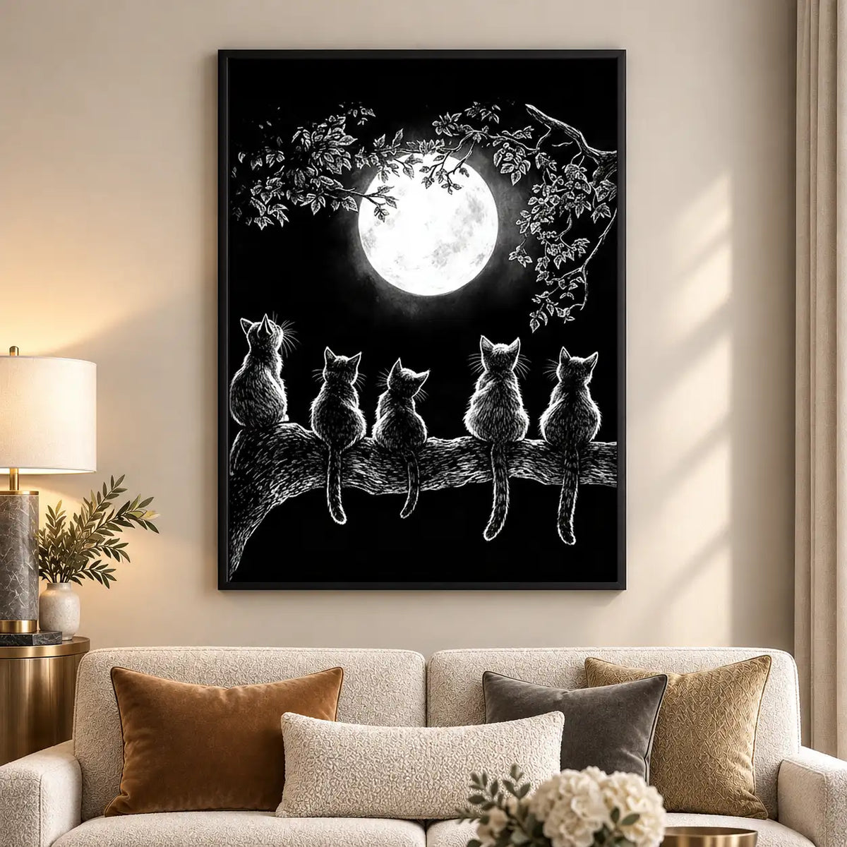 Cats beneath Full Moon Line Art 5