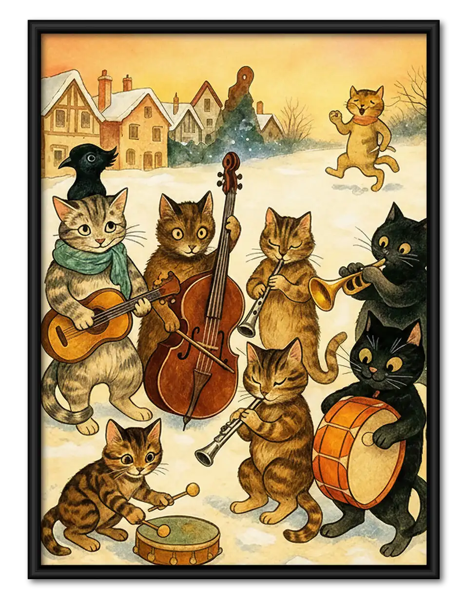 Cats Playing Instruments in Snowy Village Wall Art 1