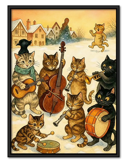 Cats Playing Instruments in Snowy Village Wall Art