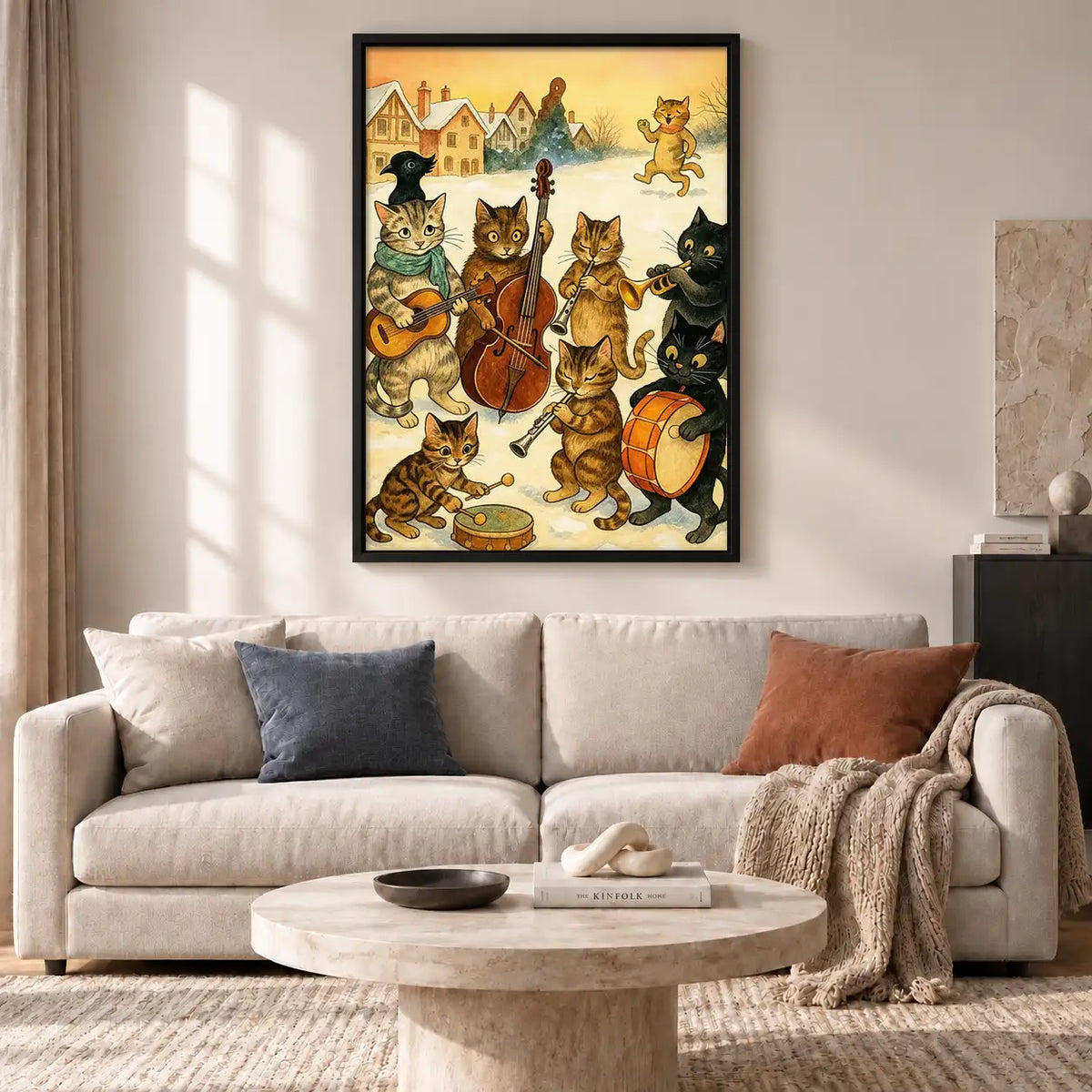 Cats Playing Instruments in Snowy Village Wall Art 2