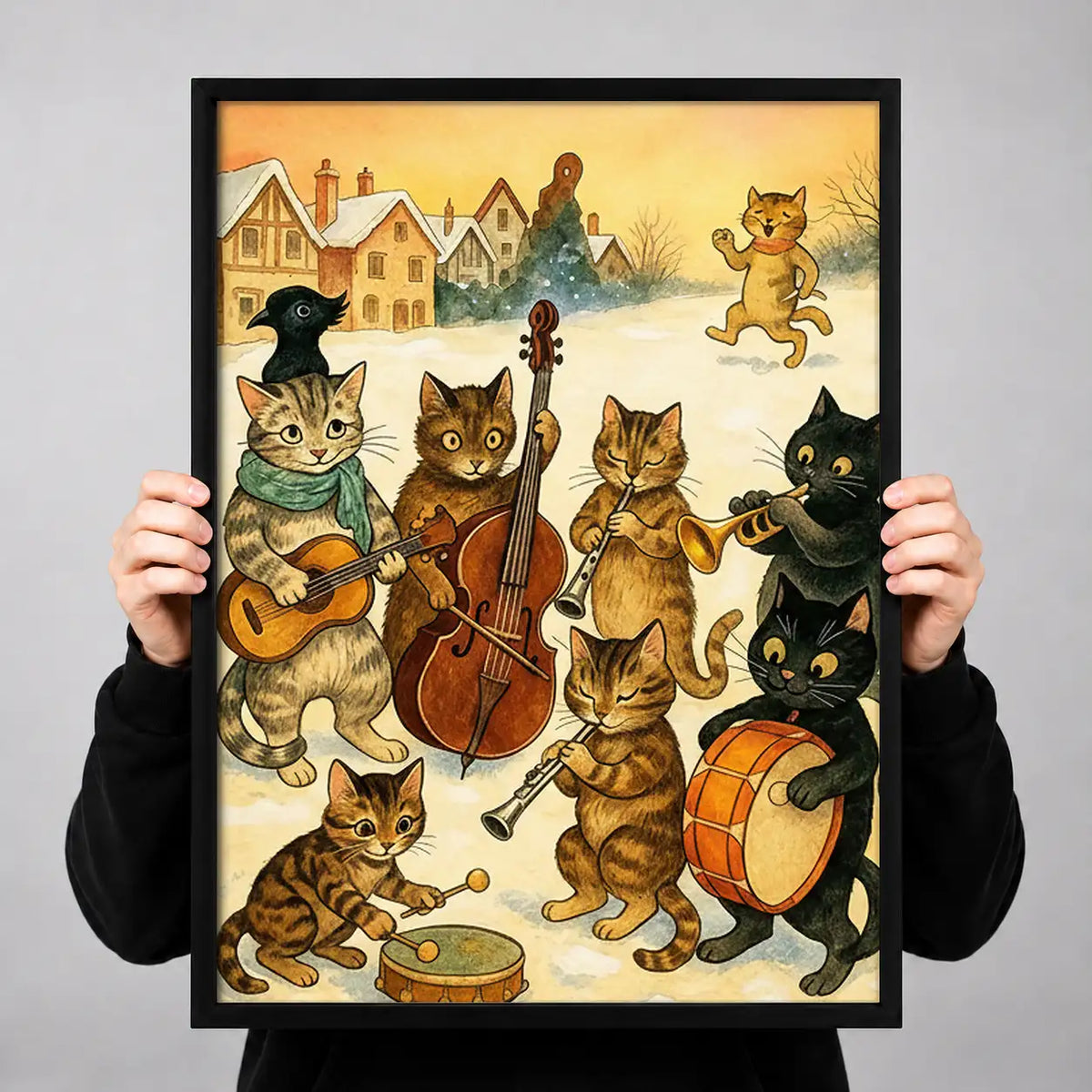 Cats Playing Instruments in Snowy Village Wall Art 3