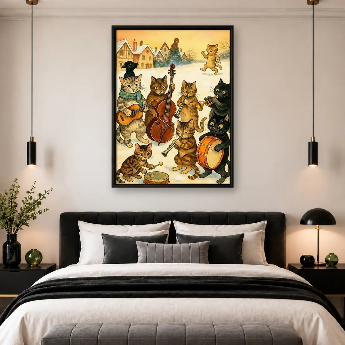 Cats Playing Instruments in Snowy Village Wall Art 4