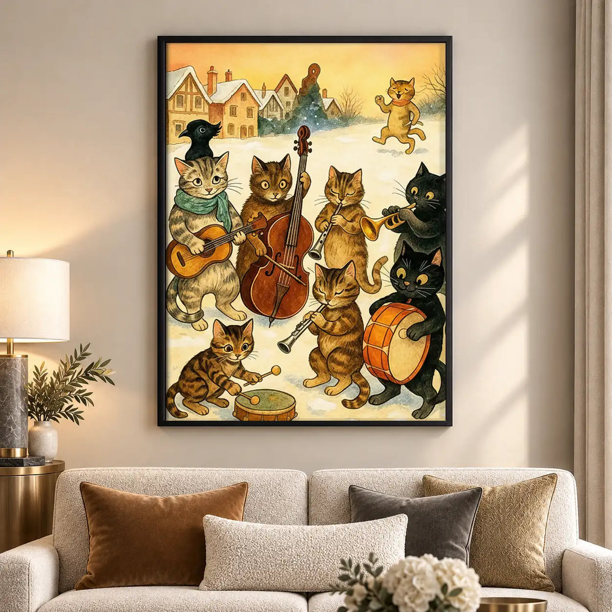 Cats Playing Instruments in Snowy Village Wall Art 5