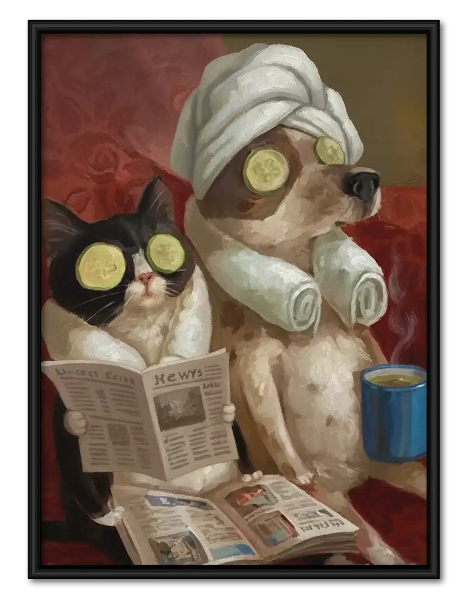 Cats Reading Newspaper in Bathrobes Wall Art 1