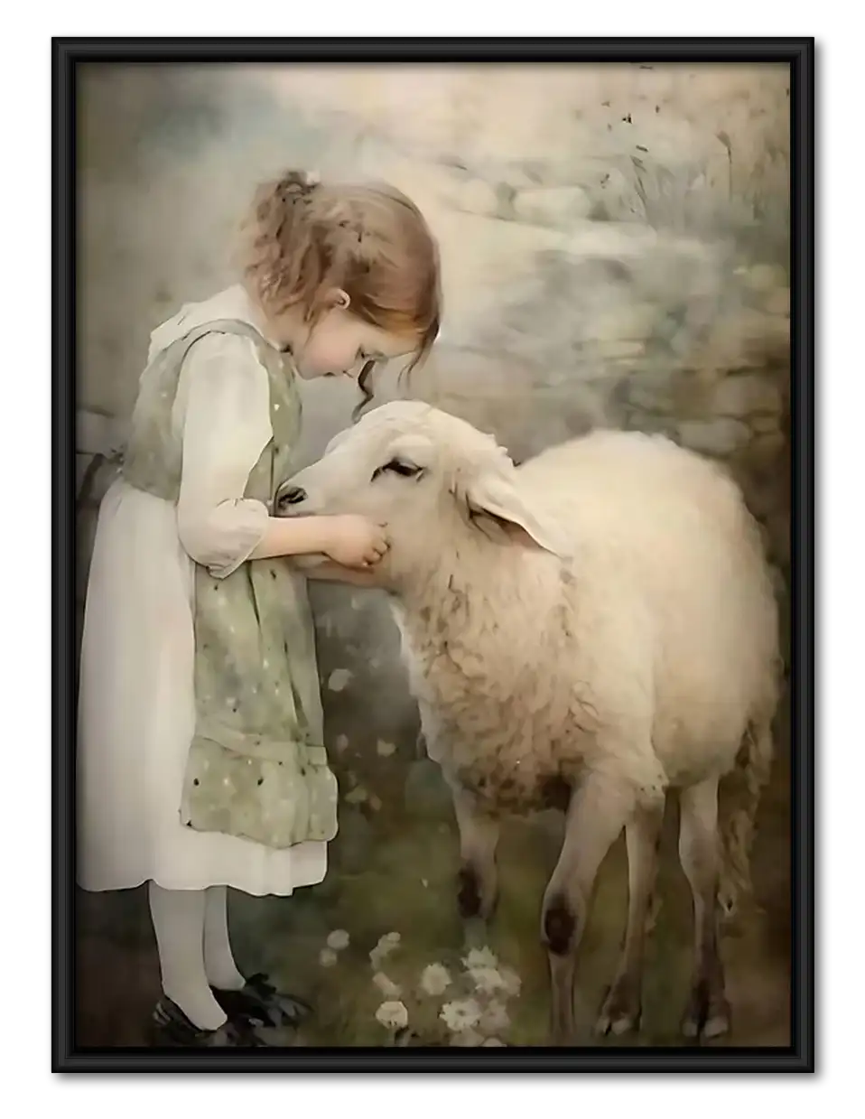 Child Hugging White Lamb Wall Art 1