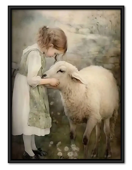 Child Hugging White Lamb Wall Art