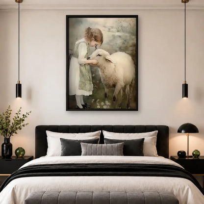 Child Hugging White Lamb Wall Art 4