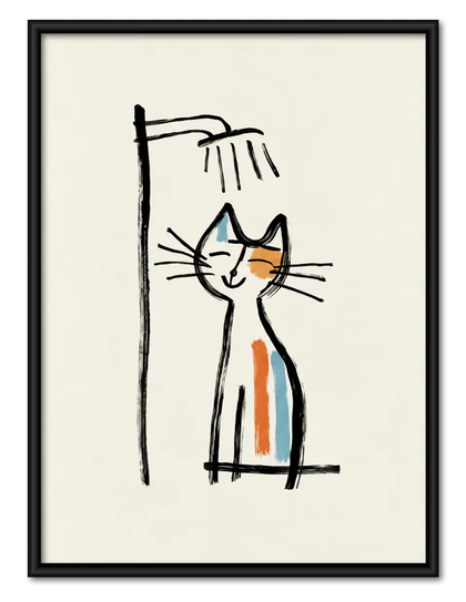 Childlike Orange Cat Line Drawing Wall Art
