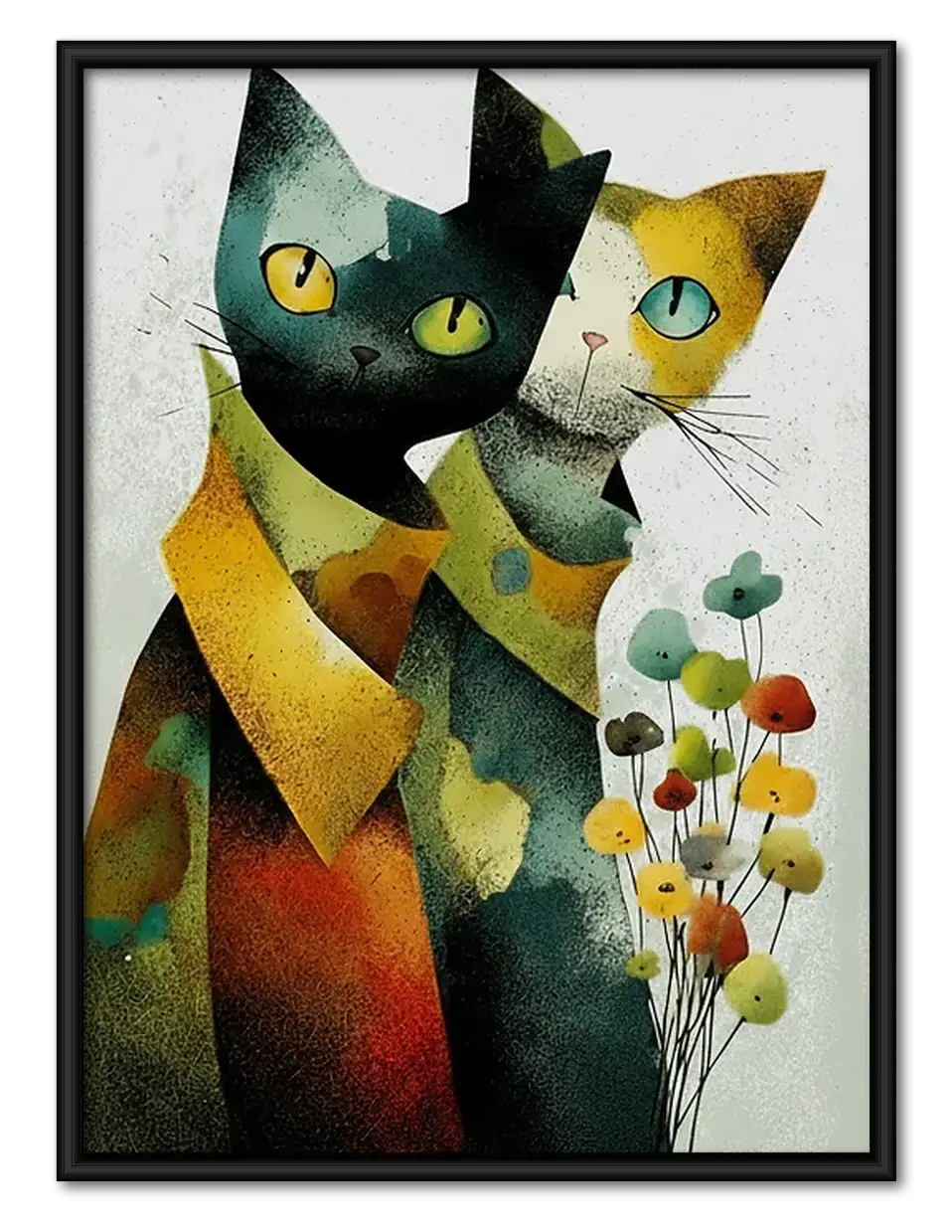 Colorful Cat Couple with Flowers Wall Art 1