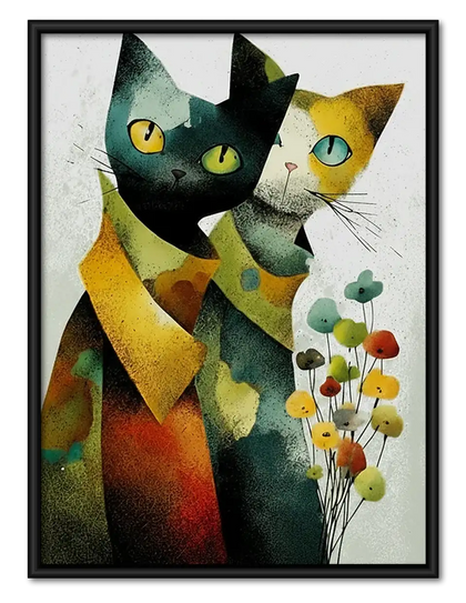 Colorful Cat Couple with Flowers Wall Art