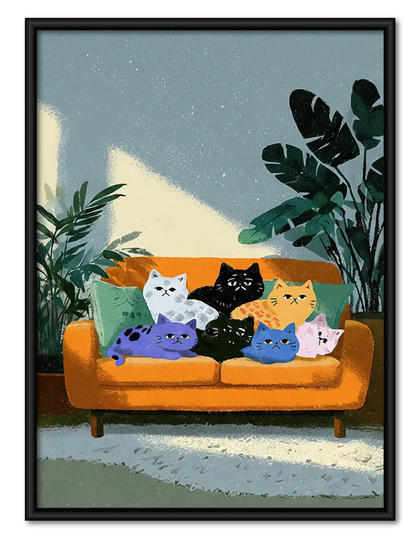 Colorful Cats Relaxing on Orange Sofa Wall Art