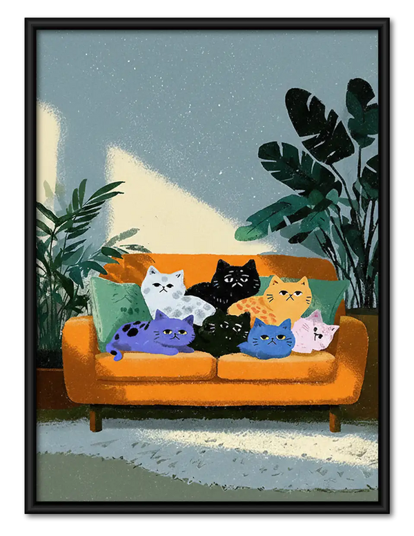 Colorful Cats Relaxing on Orange Sofa Wall Art