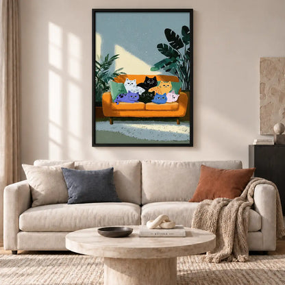 Colorful Cats Relaxing on Orange Sofa Wall Art 2