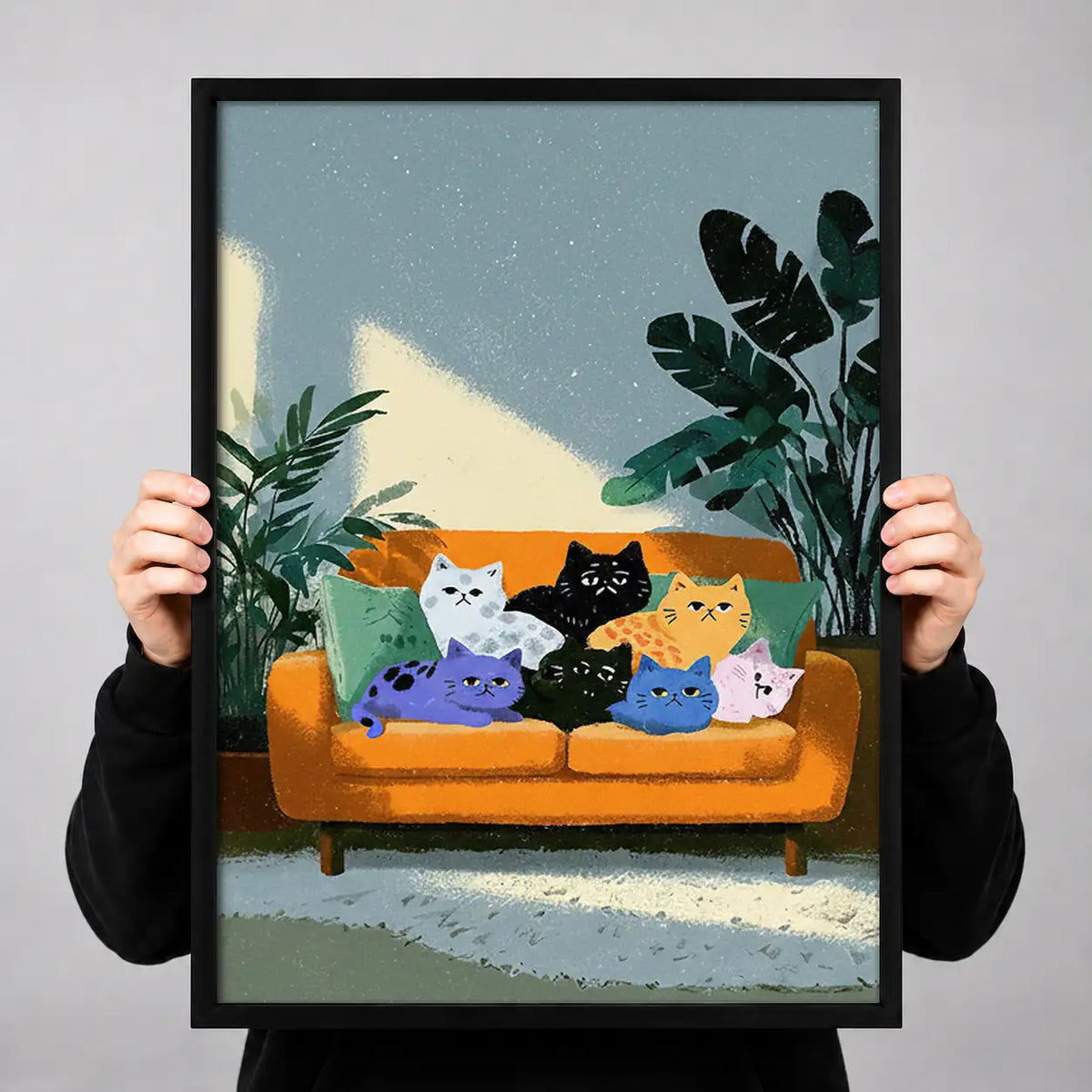 Colorful Cats Relaxing on Orange Sofa Wall Art 3