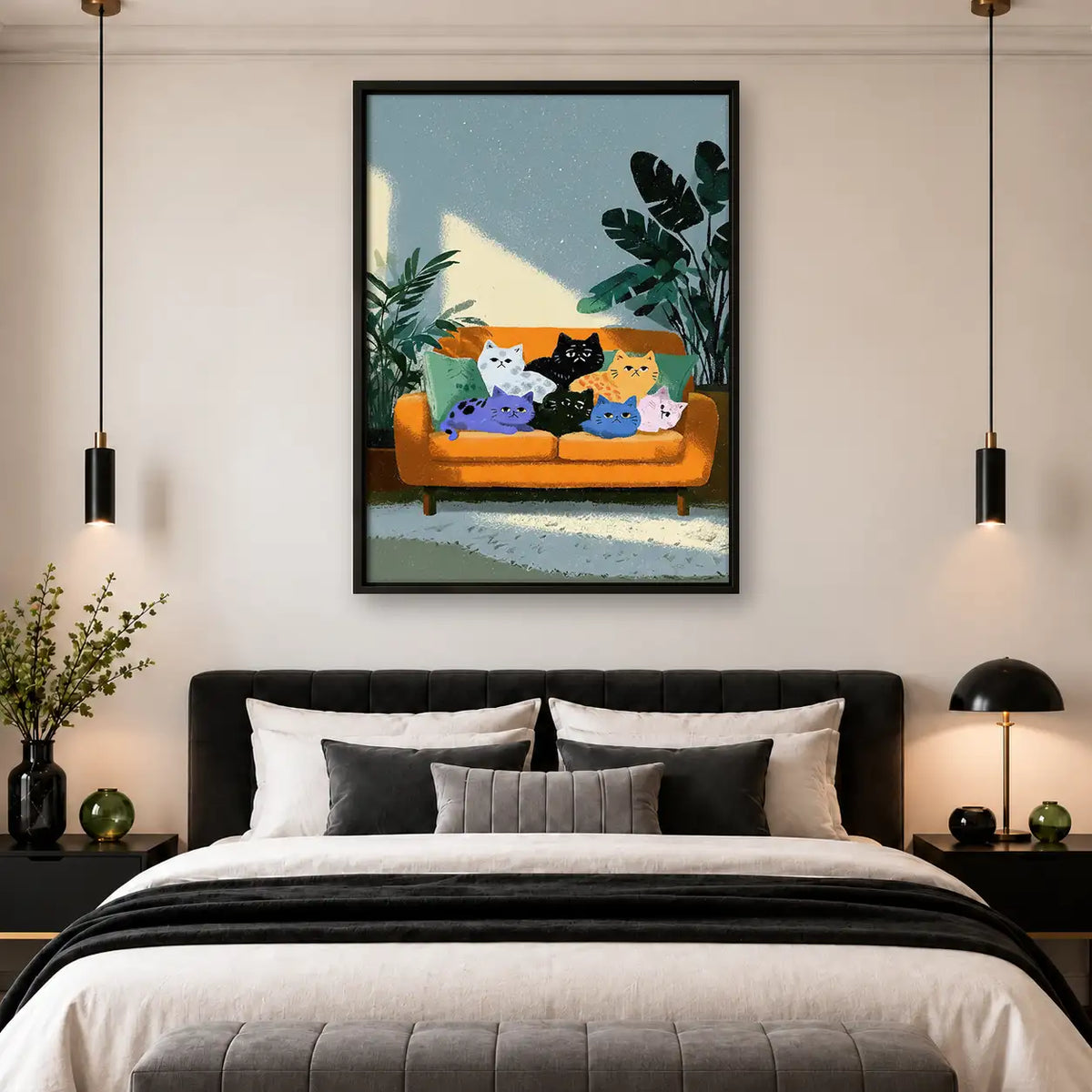 Colorful Cats Relaxing on Orange Sofa Wall Art 4