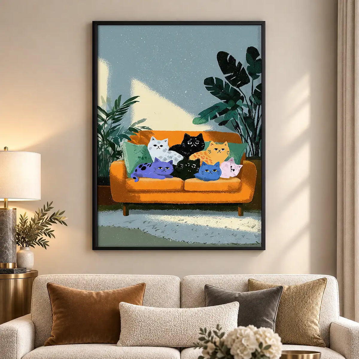 Colorful Cats Relaxing on Orange Sofa Wall Art 5