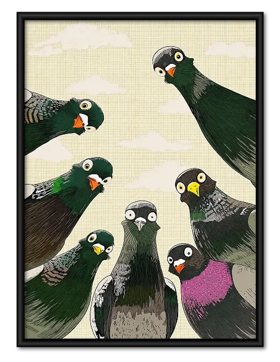 Colorful Pigeons Gathering Portrait Wall Art 1