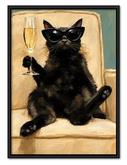 Cool Black Cat with Champagne Wall Art 1