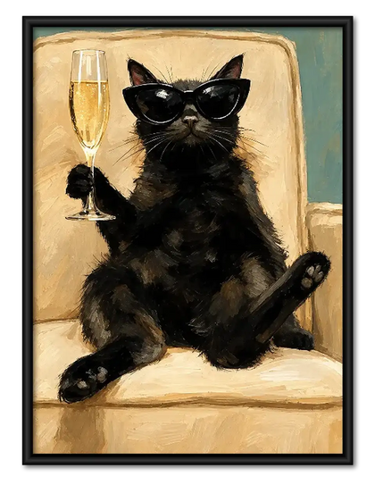 Cool Black Cat with Champagne Wall Art