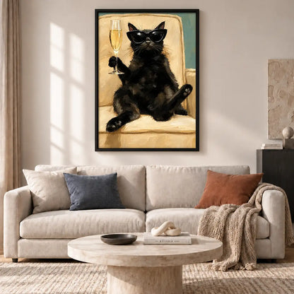 Cool Black Cat with Champagne Wall Art 2