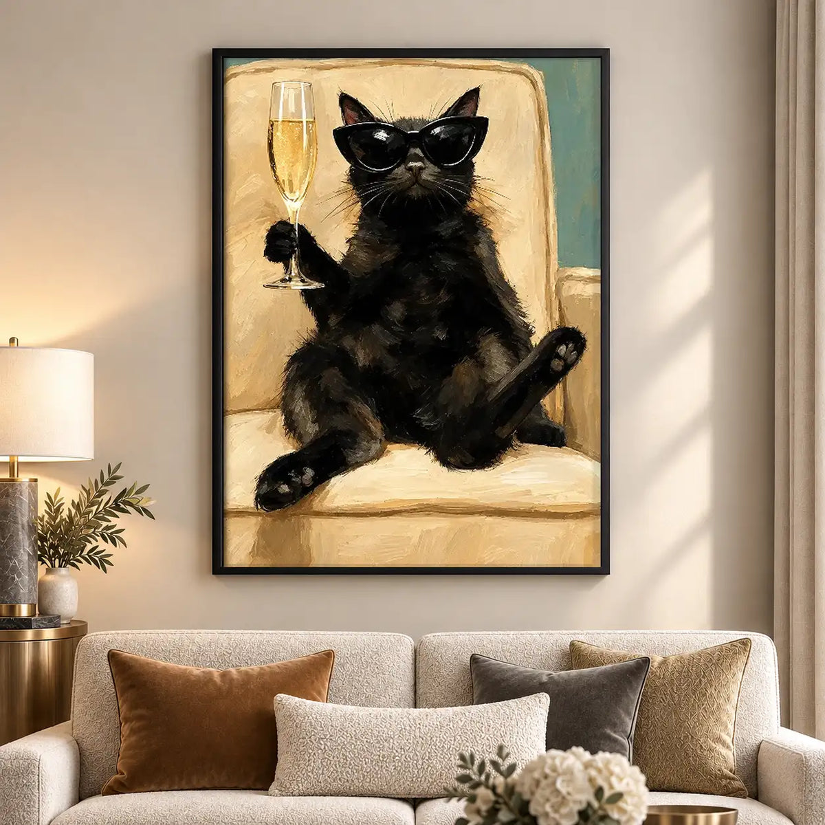 Cool Black Cat with Champagne Wall Art 5