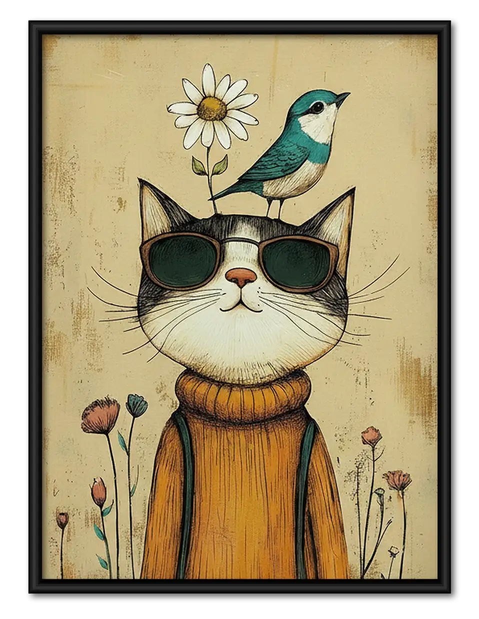 Cool Cat Wearing Sunglasses and Flower Wall Art 1
