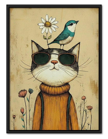 Cool Cat Wearing Sunglasses and Flower Wall Art