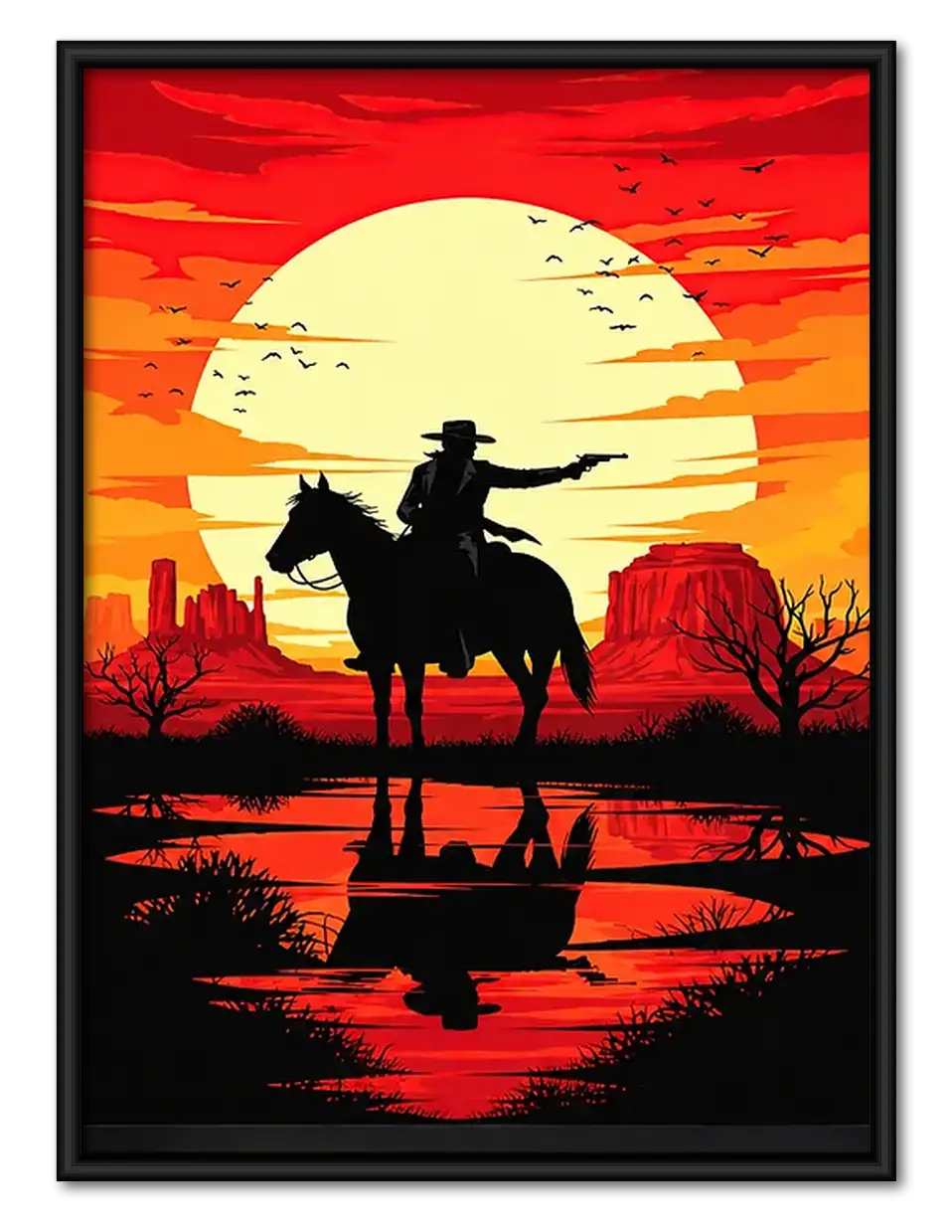 Cowboy Riding at Red Sunset Wall Art 1