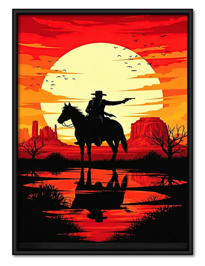 Cowboy Riding at Red Sunset Wall Art