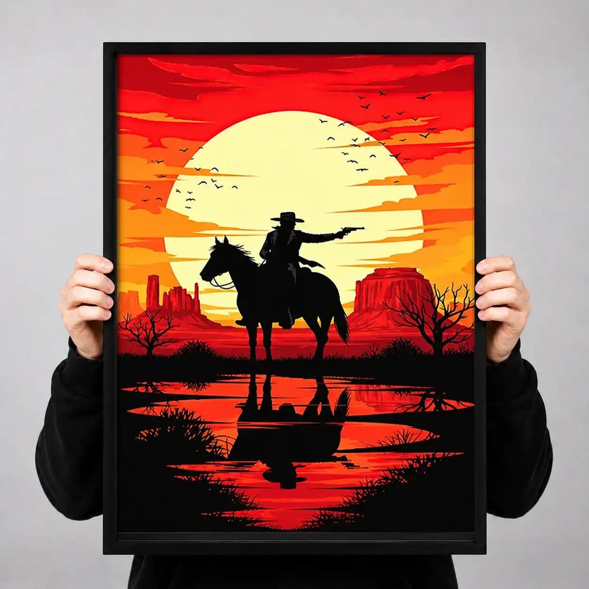Cowboy Riding at Red Sunset Wall Art 3
