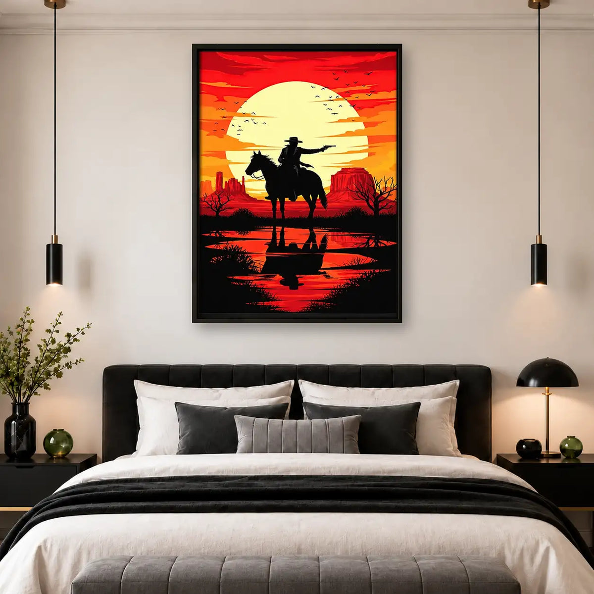 Cowboy Riding at Red Sunset Wall Art 4