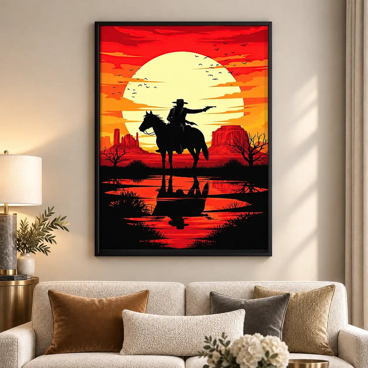 Cowboy Riding at Red Sunset Wall Art 5