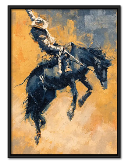 Cowboy Riding Black Horse Wall Art