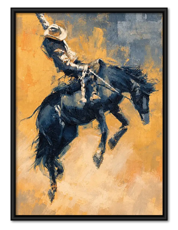 Cowboy Riding Black Horse Wall Art