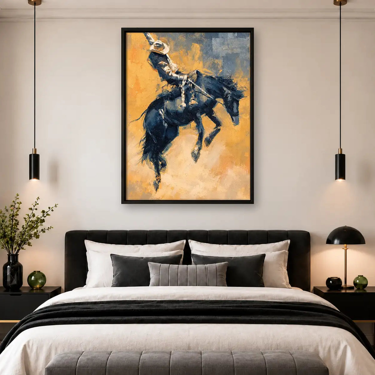Cowboy Riding Black Horse Wall Art 4