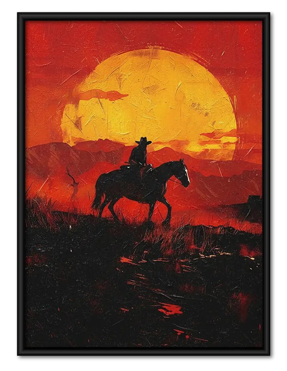 Cowboy Riding into Fiery Sunset Wall Art 1