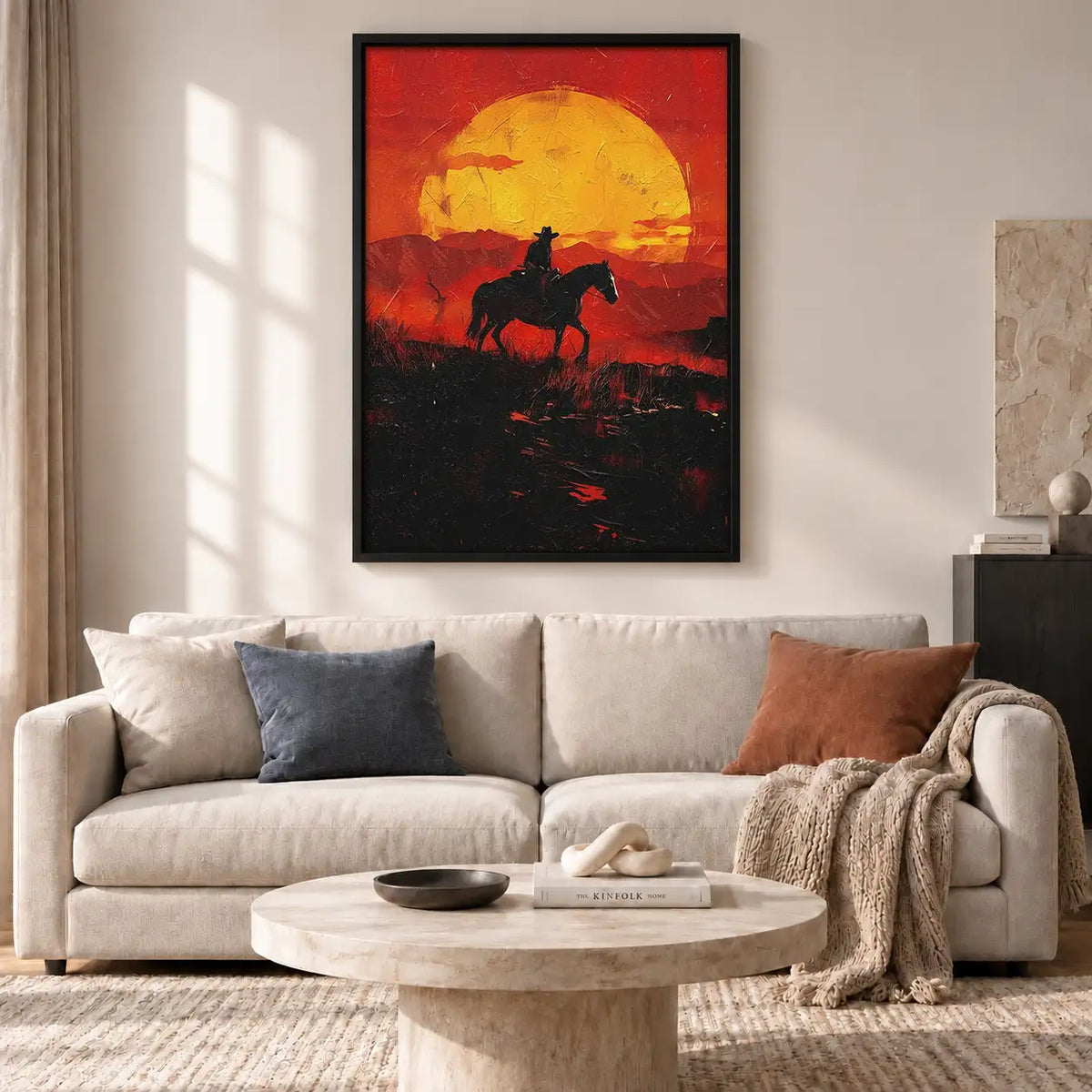Cowboy Riding into Fiery Sunset Wall Art 2