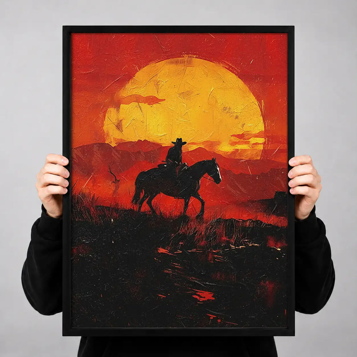 Cowboy Riding into Fiery Sunset Wall Art 3
