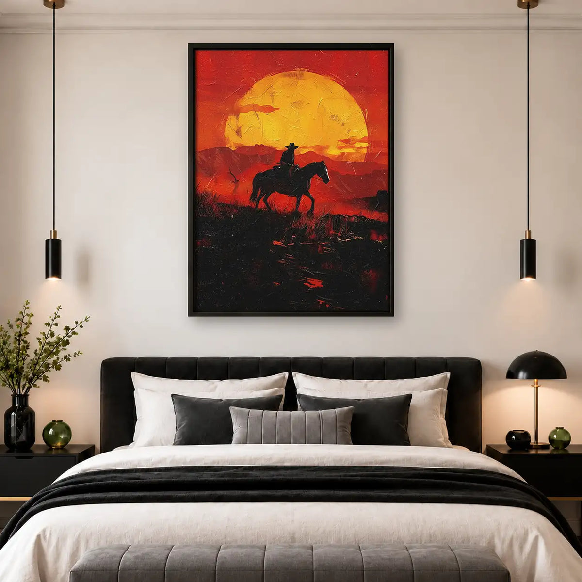 Cowboy Riding into Fiery Sunset Wall Art 4