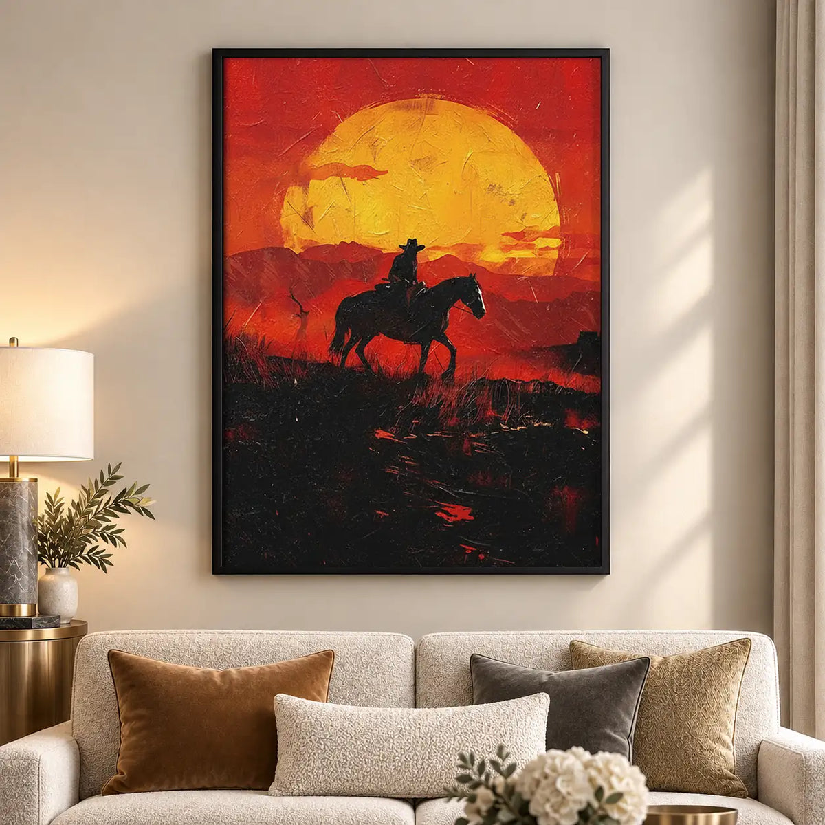 Cowboy Riding into Fiery Sunset Wall Art 5