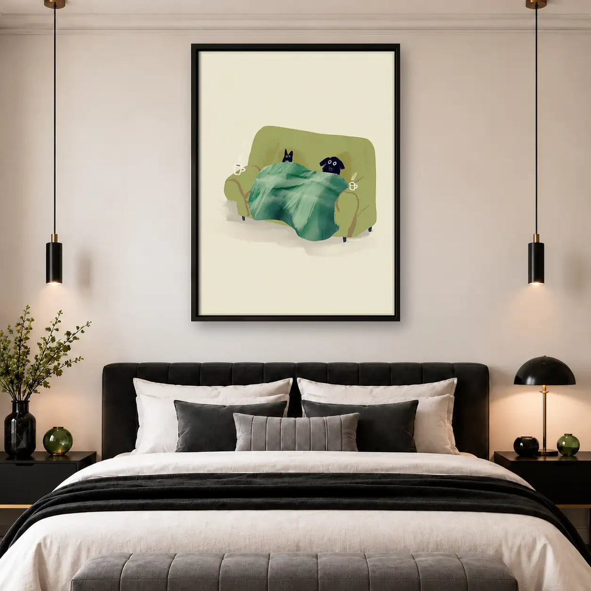 Cozy Black Cat Resting in Bed Wall Art 4