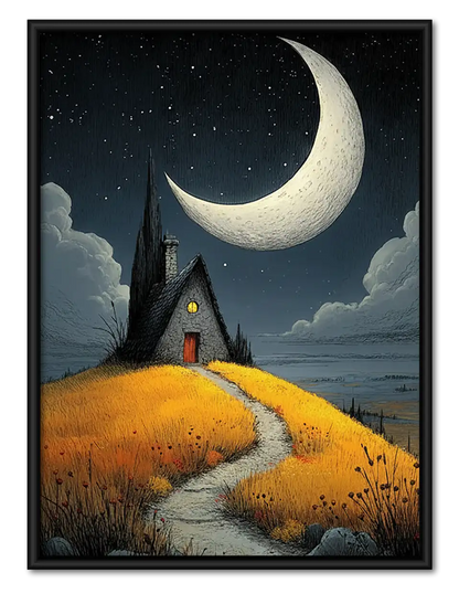 Crescent Moon over Tiny House Wall Art 1