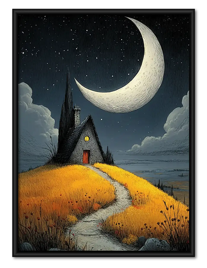 Crescent Moon over Tiny House Wall Art