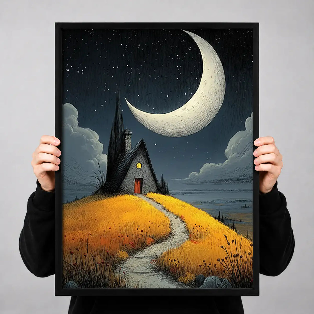 Crescent Moon over Tiny House Wall Art 3