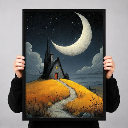 Crescent Moon over Tiny House Wall Art 3