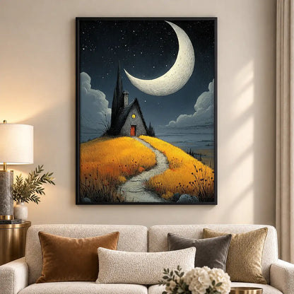 Crescent Moon over Tiny House Wall Art 5